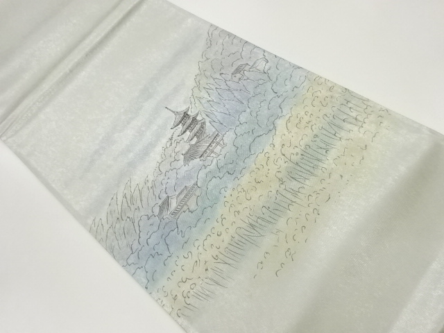 引箔手描き寺院に草木風景模様袋帯